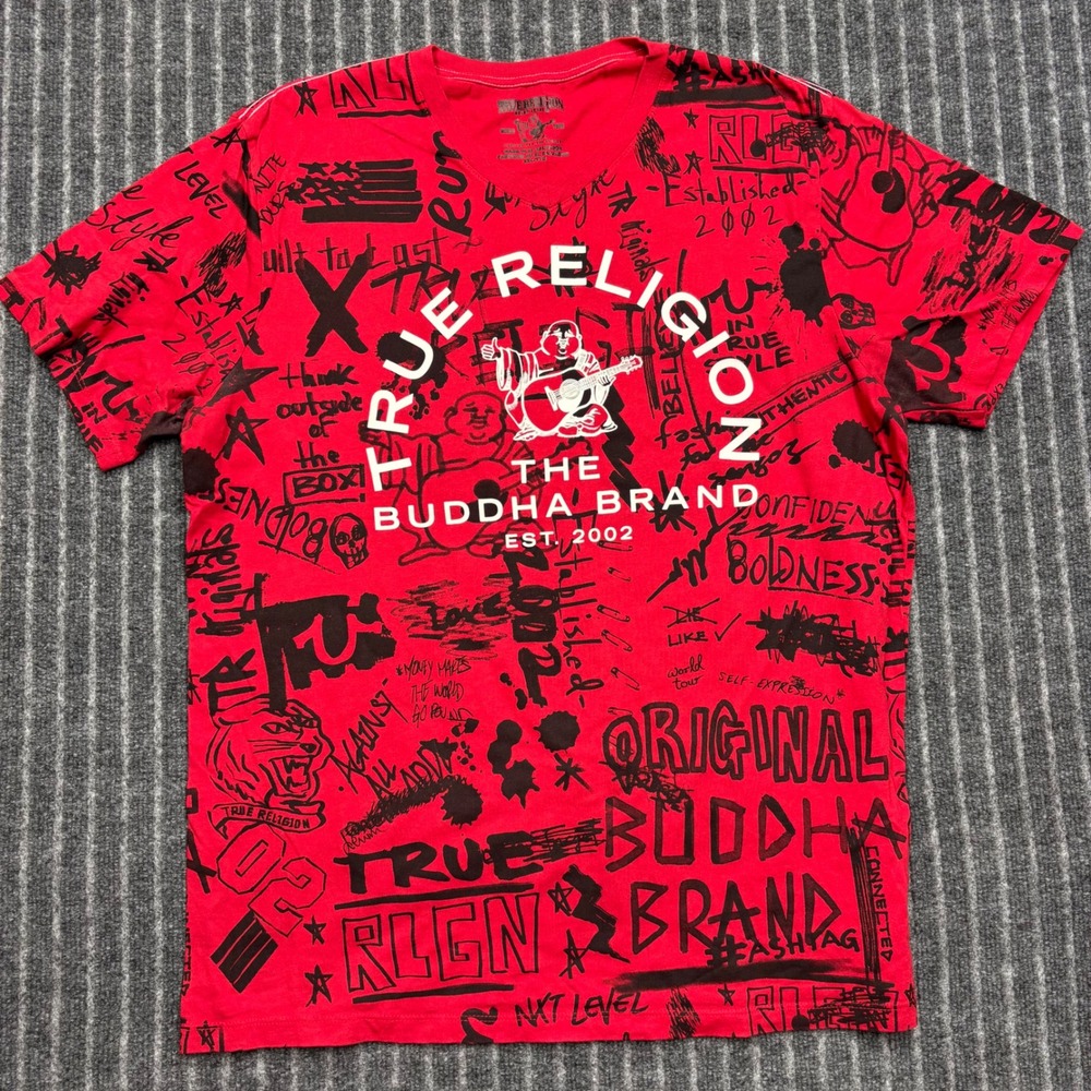 True Religion Mens Graffiti Print V-Neck T-Shirt XXL Red Buddha Brand Logo Tee